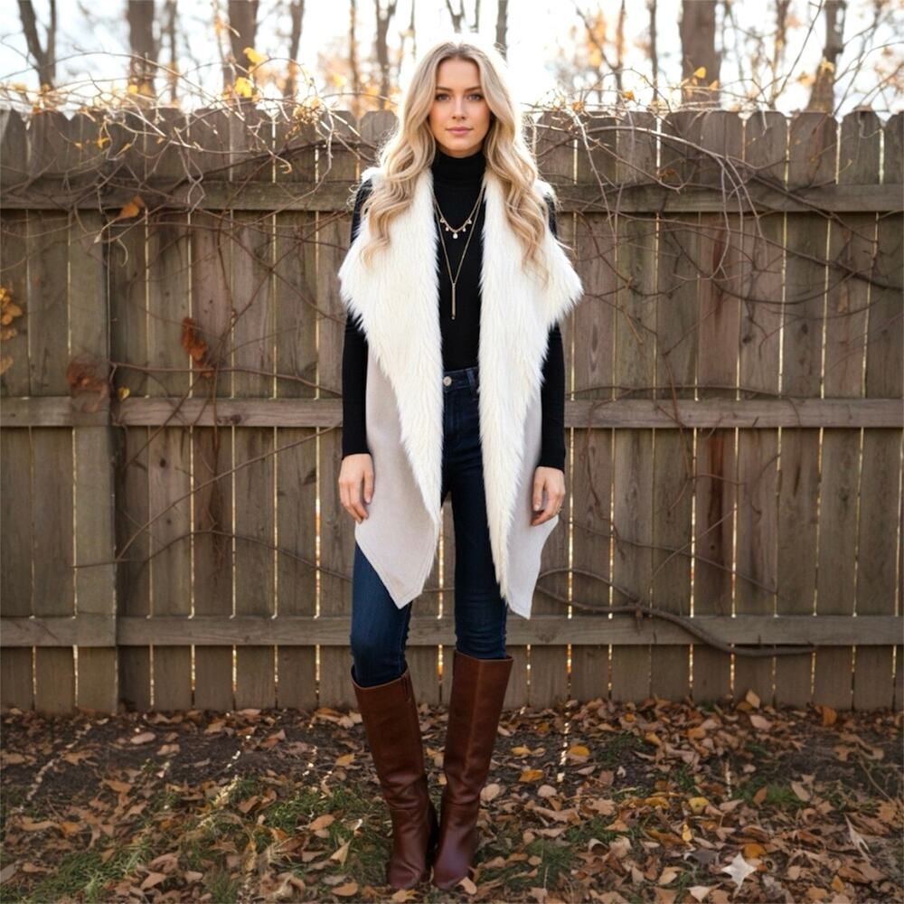 Luxury Faux Fur Suede Vest SZ Medium Mob Wife Cream Taupe Luxe Boho Western